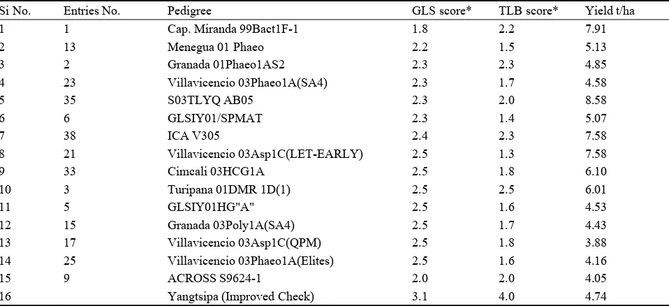 Table 2  GLS, TLB and yield of 15 selected genotypes from CIMMYT Colombia at five different locations, 2009