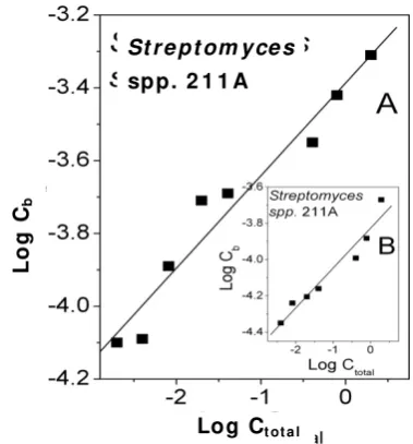 Fig. 9  The linearized Freundlich adsorption isotherms for  gold Streptomyces spp. 211A cells (A: homogenized cells; and B: particulate homogenized cells)