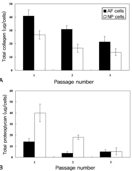 Fig 7. Measurement of the total collagen (A) and proteoglycan (B) in the culture medium of different passage number