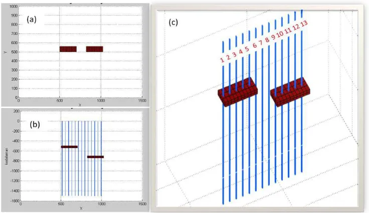 Gambar 10. (a) Penampang horizontal, (b) Penampang vertikal. (c) Desain pengukuran gayaberat mikro selang waktu lubang bor untuk model sesar dengan menggunakan 13 lubang bor yang sejajar