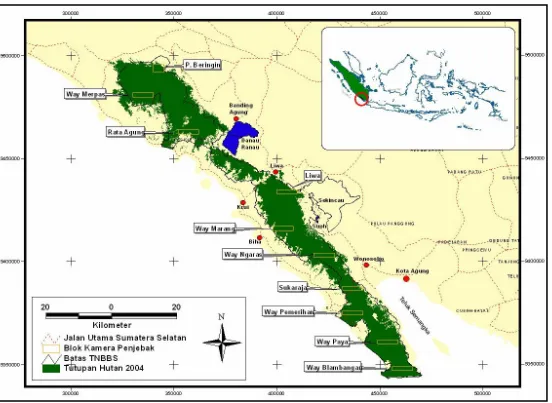 Gambar 1. Peta Lokasi Penelitian di Taman Nasional Bukit Barisan Selatan dan Blok-blok  Kamera Penjebak 