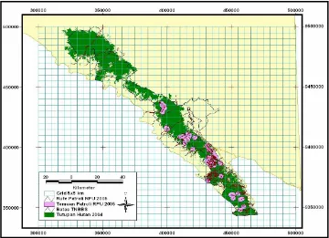 Gambar 3.   Peta ancaman habitat badak sumatera (Baco, Tidak diterbitkan - WCS IP) dan sebaran badak sumatera 2005 