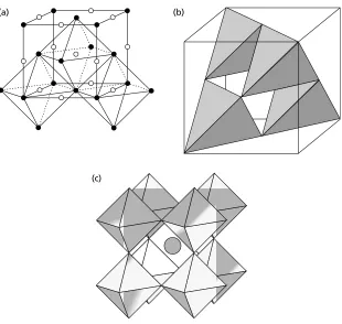 Fig. 1.23.Co-ordination polyhedra in three simple crystal structures: (a) edge-sharing octahedra insodium chloride; (b) corner-sharing tetrahedra in zinc blende; and (c) corner-sharing octahedra and the(central) cubeoctahedron in perovskite