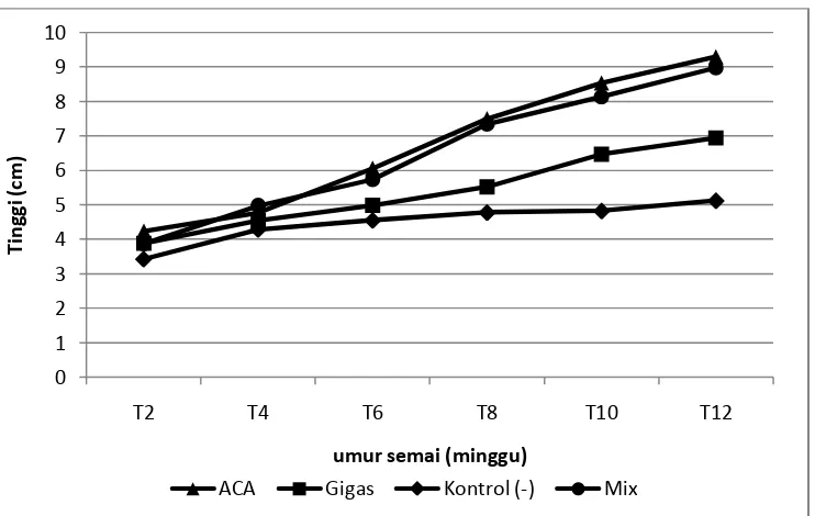 Gambar 1 . Grafik pengaruh inokulasi FMA terhadap pertambahan tinggi semai jati sampai umur 12 minggu 