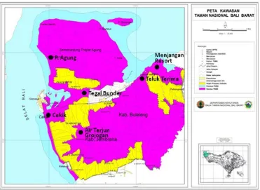Gambar 1. Peta lokasi penelitian dan kawasan Taman Nasional Bali Barat (Sumber: Taman Nasional Bali Barat 2015)
