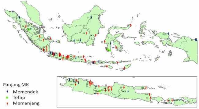 Gambar 1. Perubahan panjang musim kemarau di seluruh Indonesia.(Sumber: Boer et al., 2009).