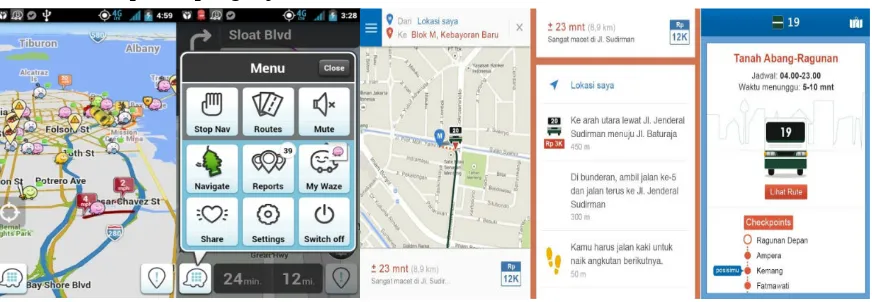 Gambar 3. Aplikasi mengenai informasi rute dan angkutan umum, Waze (kiri) danAppAja(kanan)
