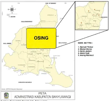 Gambar 2. Peta titik pengamatan/pengambilan data Etnis Osing Kabupaten Banyuwangi  Provinsi Jawa Timur,  RISTOJA 2015 
