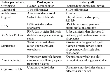 Tabel 3.  Perbedaan sel prokaryotik dan sel eukaryotik