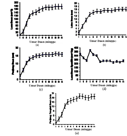 Gambar 14. Perkembangan luas daun (a), lebar daun (b), panjang daun (c), luas daun spesifik (d), dan panjang tangkai daun (e)