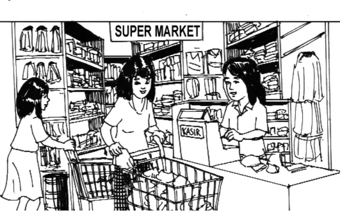 Gambar 1 Supermarket bagian dalam yang berisi rak-rak barang-barang kebutuhan sehari-hari dan kasir, pembeli, dan pelayan
