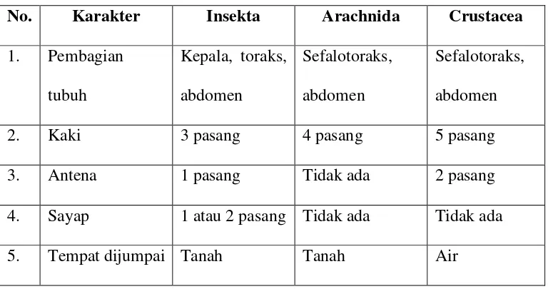 Tabel 2.1 Perbedaan karakter arthropoda 
