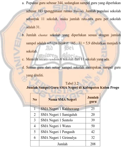 Tabel 3.2  Jumlah Sampel Guru SMA Negeri di Kabupaten Kulon Progo 