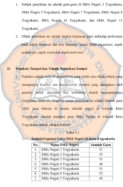 Tabel 3.1 Jumlah Populasi Guru SMA Negeri di Kota Yogyakarta 