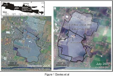 Gambar 1A: Lokasi dari mud volcano Lusi di Jawa Timur; Citra satelit dari September 2006; Citra satelit diambil Juli 2007