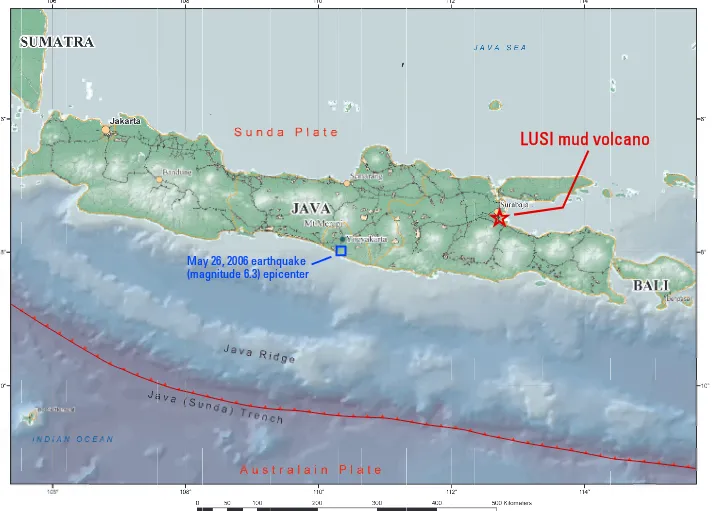 Figure 1. Map of Java showing the location (star) of the LUSI mud volcano in eastern Java south of Surabaja