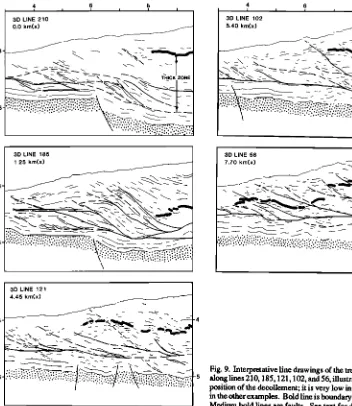 Fig. 9. Interpretative of the trenchward =========================== in the other position line drawings 6.5 km of the 3-D grid along lines 210, 185,121,102, and 56, illustrated in Plate 3