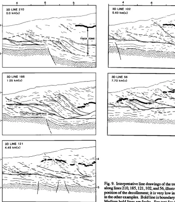 Fig. 9. Interpretative of the trenchward =========================== in the other position line drawings 6.5 km of the 3-D grid along lines 210, 185,121,102, and 56, illustrated in Plate 3