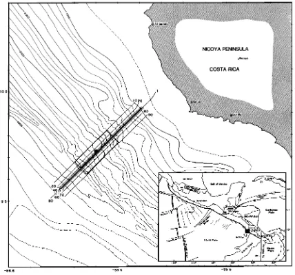 Fig. 1. Map shows bathymetryStippled is 8.5 x 21.6 km 3-D grid consisting offshore of the Nicoya Peninsula of Costa Rica