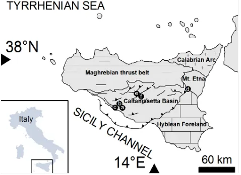Fig. 1. Structural setting of Sicily with location of onshore mud vol-canoes. (a) Maccalube at Aragona; (b) Fuoco di Censo at Bivona;(c) Bissana at Cattolica Eraclea; (d) Salinelle at Patern`o; (e) Maria-nopoli; (f) Santa Barbara.
