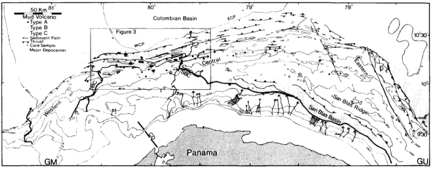 Figure 2 Major tectonic features and distribution of mud volcanoes in the north Panama thrust belt (NPTB) superimposed on SeaMARC II bathymetry at 500 m contour interval