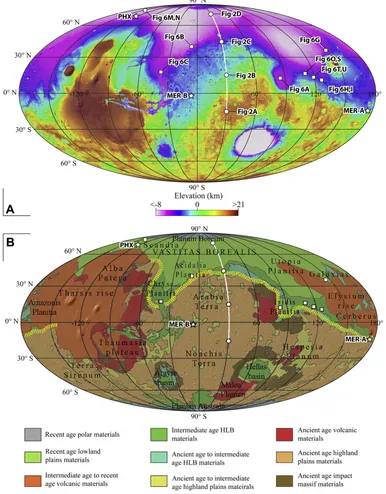 Fig. 1. Global context maps of Mars. (A) Color shaded-relief image showing major topographic features