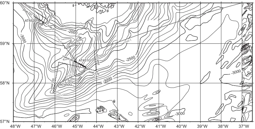 Figure 31. Location map of the Eirik Drift working area (Area 6) The contours are from GEBCO (IOC, IHOand BODC, 2003) but were found to be wrong in places.
