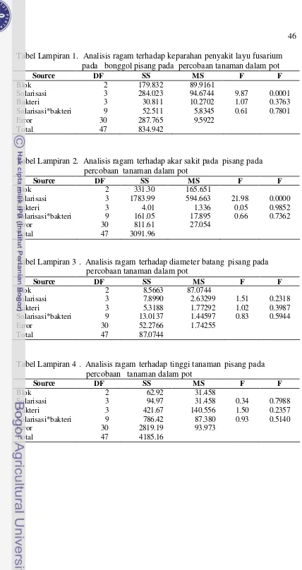 Tabel Lampiran 1.  Analisis ragam terhadap keparahan penyakit layu fusarium   