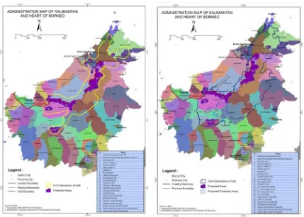 Figure 2.  The boundary delineation of Indonesia’s Heart of Borneo based on administrative area: first delineation in 2007 (left) and final delineation (right).Source of map:  WWF Indonesia.