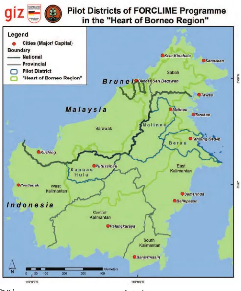 Figure 1.Gambar 1.FORCLIME pilot districts in the Heart of Borneo (HoB)Kabupaten percontohan FORCLIME di Heart of Borneo