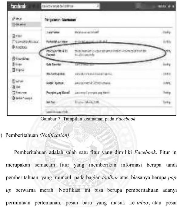 Gambar 7: Tampilan keamanan pada Facebook  6)  Pemberitahuan (Notification) 