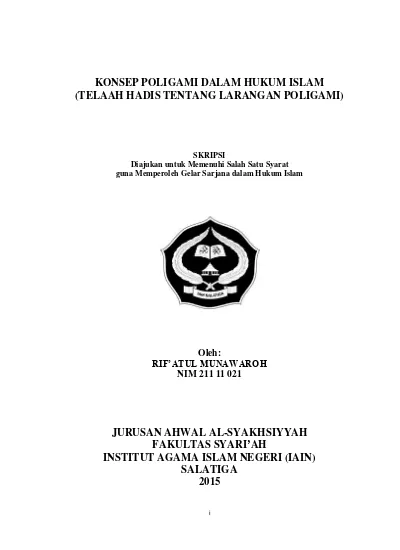 KONSEP POLIGAMI DALAM HUKUM ISLAM (TELAAH HADIS TENTANG LARANGAN POLIGAMI)