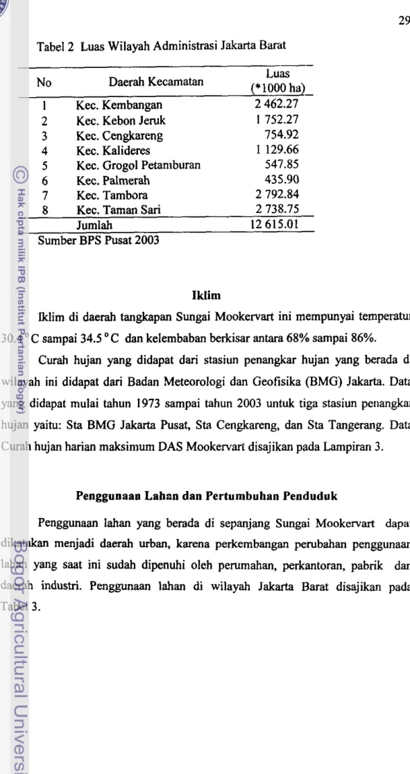 Tabel 2  Luas Wilayah Administrasi Jakarta Barat 