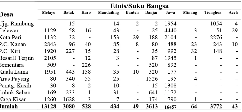 Tabel 4.8   Jumlah Penduduk Kecamatan Pantai Cermin Berdasarkan Etnis/Suku Bangsa  Tahun 2009 