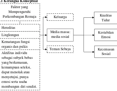 Gambar 3.1 Kerangka Konseptual Hubungan antara Penggunaan Media Sosial Dengan Kualitas Tidur, Kestabilan emosi dan Kecemasan pada Remaja Di SMA N 20 Surabaya 