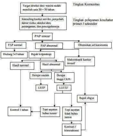 Gambar 2.6. Alur Diagnosis, Deteksi Dini, dan Tata Laksana Kenker serviks di Indonesia (dengan PAP Smear) (Andrijono et al., 2013)