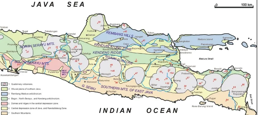 Gambar 2.1.  Zonasi fisiografi Pulau Jawa bagian tengah dan timur (Pannekoek, 1949; van Bemmelen, 1949)