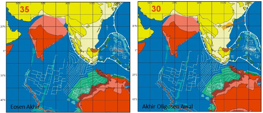 Gambar 4.3.  Tatanan lempeng tektonik di Eosen Akhir (kiri), dan saat Oligosen Awal (kanan) (Hall, 2012)