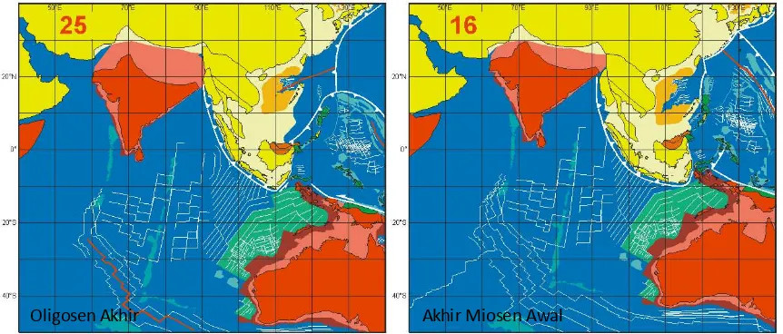 Gambar 4.4.  Tatanan lempeng tektonik di Oligosen Akhir (kiri), dan akhir Miosen Bawah (kanan) (Hall, 2012)