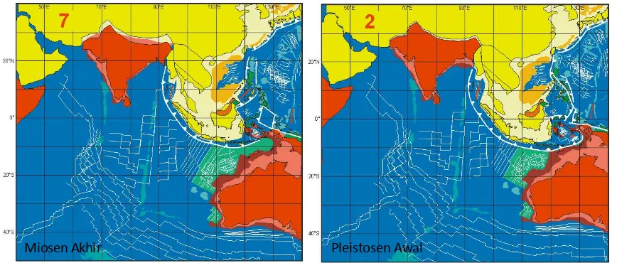Gambar 4.5.  Tatanan lempeng tektonik di Miosen Akhir (kiri), dan akhir Pleistosen (kanan) (Hall, 2012)