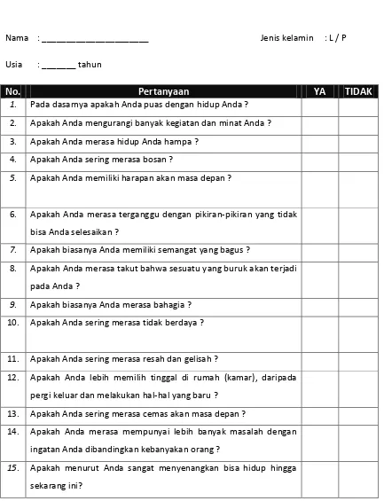 Tabel 2.3 Geriatric Depression Scale long-form versi bahasa Indonesia (Karsten, nd) 