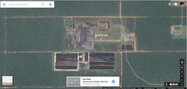 Gambar 4.1 Peta limbah pengolahan kelapa sawit PT. Agro Bukit Central Kalimantan pencitraan satelit (Google Maps)