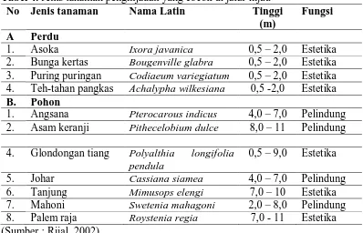 Tabel 4. Jenis tanaman penghijauan yang cocok di jalur hijau No Jenis tanaman  Nama Latin Tinggi 