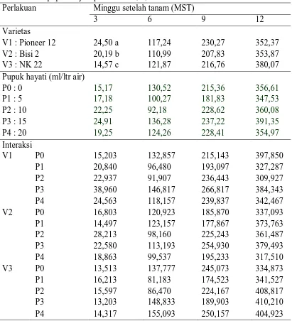 Tabel 4.  Pengamatan berat kering tanaman jagung (g) pada perlakuan varietas dan  pupuk hayati pada umur 3, 6, 9 dan 12 MST  