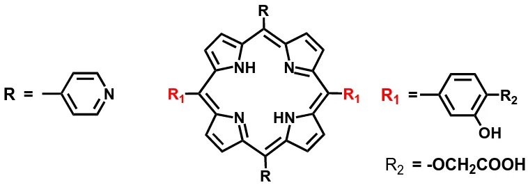 Gambar 1.2. Modifikasi struktur senyawa kationik porfirin dengan  meso-substituen piridinium dan karboksilat  