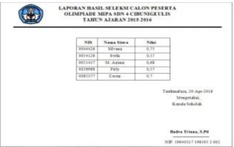 Gambar 14. Interface Laporan Hasil Seleksi Siswa 