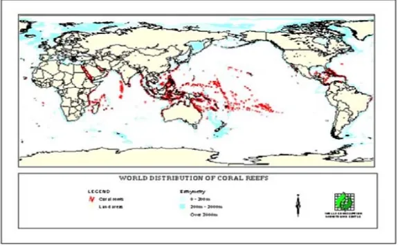 Gambar 7 :  Distribusi terumbu karang dunia ( Sumber    : http://web.ipb.ac.id/~dedi_s/index.php?option=com_content&task=view&id=20&Itemid=48 )