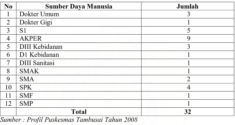 Tabel 4.5. Jumlah Sumber Daya Manusia di Wilayah Kerja Puskesmas Tambusai Kecamatan Tambusai Kabupaten Rokan Hulu  