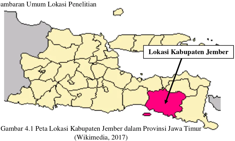 Gambar 4.1 Peta Lokasi Kabupaten Jember dalam Provinsi Jawa Timur 