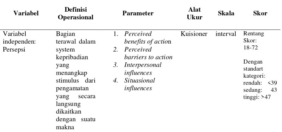 Tabel 4.1 Definisi Operasional Hubungan Persepsi Dengan Perilaku Kesehatan Masyarakat Terhadap Penderita Tuberculosis Berbasis Health Promotion Model Di Wilayah Kerja Puskesmas Pegirian Surabaya pada bulan Juli 2017 